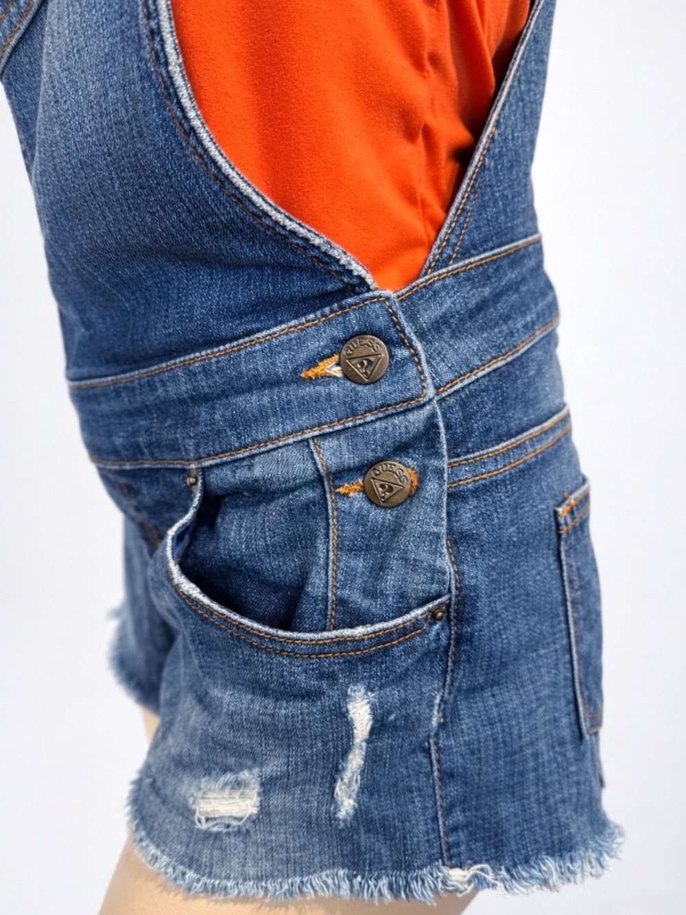 GUESS Blue Denim Short Overalls Small Distressed Y2K Summer Jean Romper - Picture 4 of 6